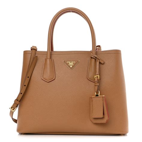 PRADA Saffiano Cuir Small Double Bag Caramel Fuoco